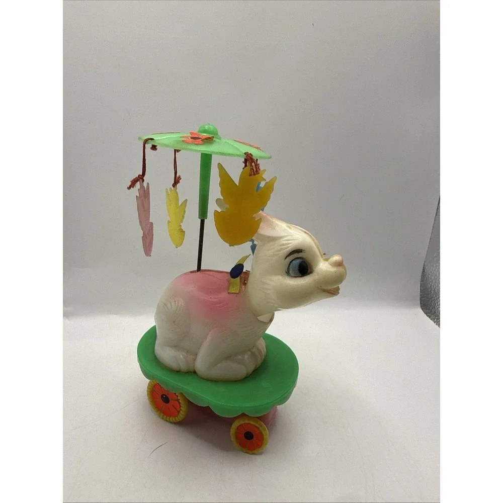 Vintage 60s Celluloid Wind Up  Toy Bunny Chicks Umbrella Bobble WORKS